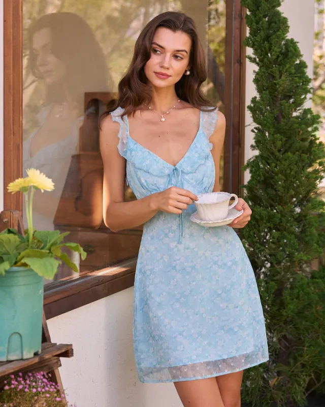 Blue V Neck Jacquard Ruffle Mini Dress made by rihoas