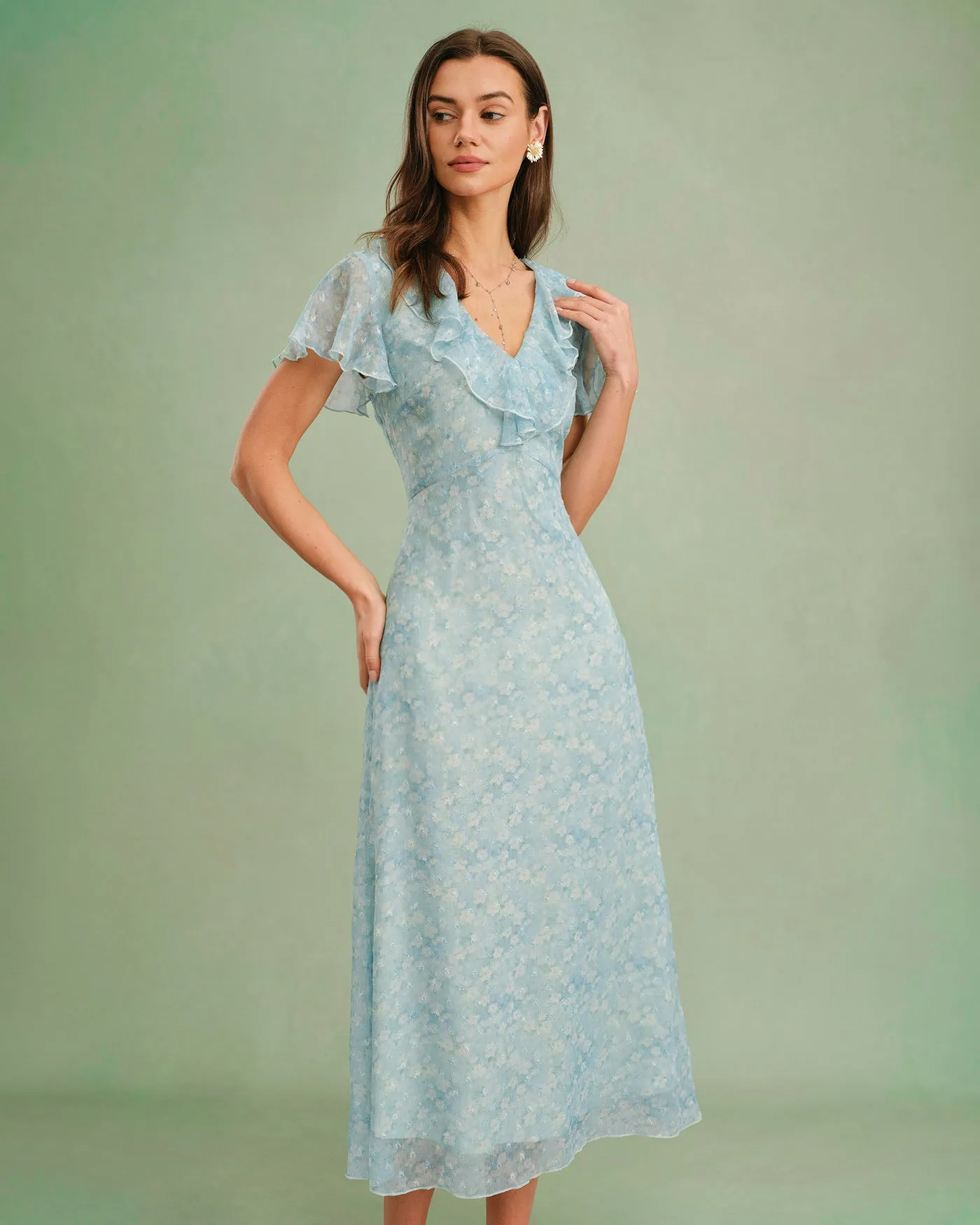 Blue V Neck Floral Ruffle Midi Dress sold by rihoas product image thumbnail 5