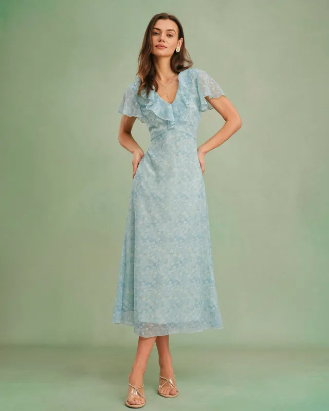 Blue V Neck Floral Ruffle Midi Dress made by rihoas