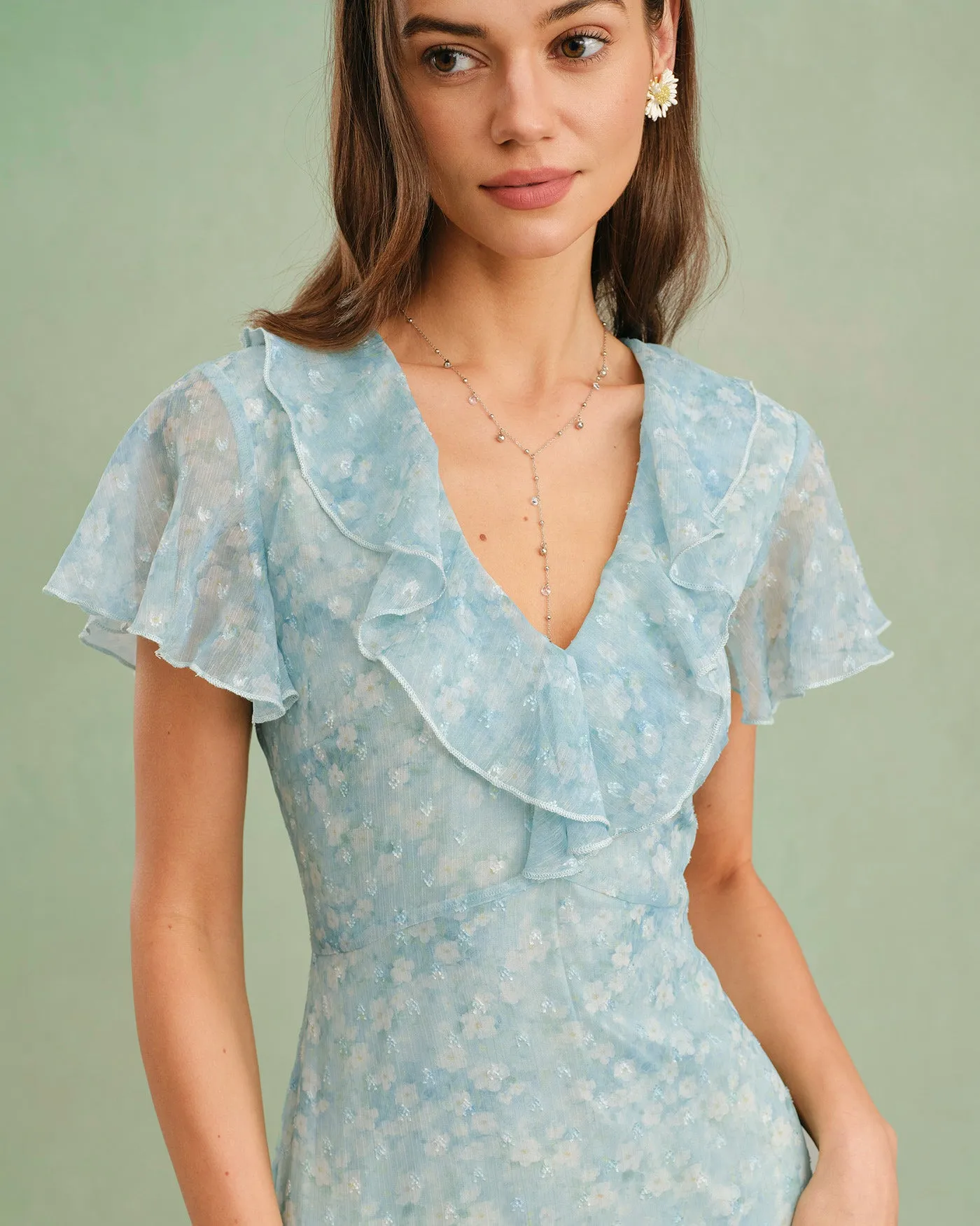 Blue V Neck Floral Ruffle Midi Dress sold by rihoas product image thumbnail 3
