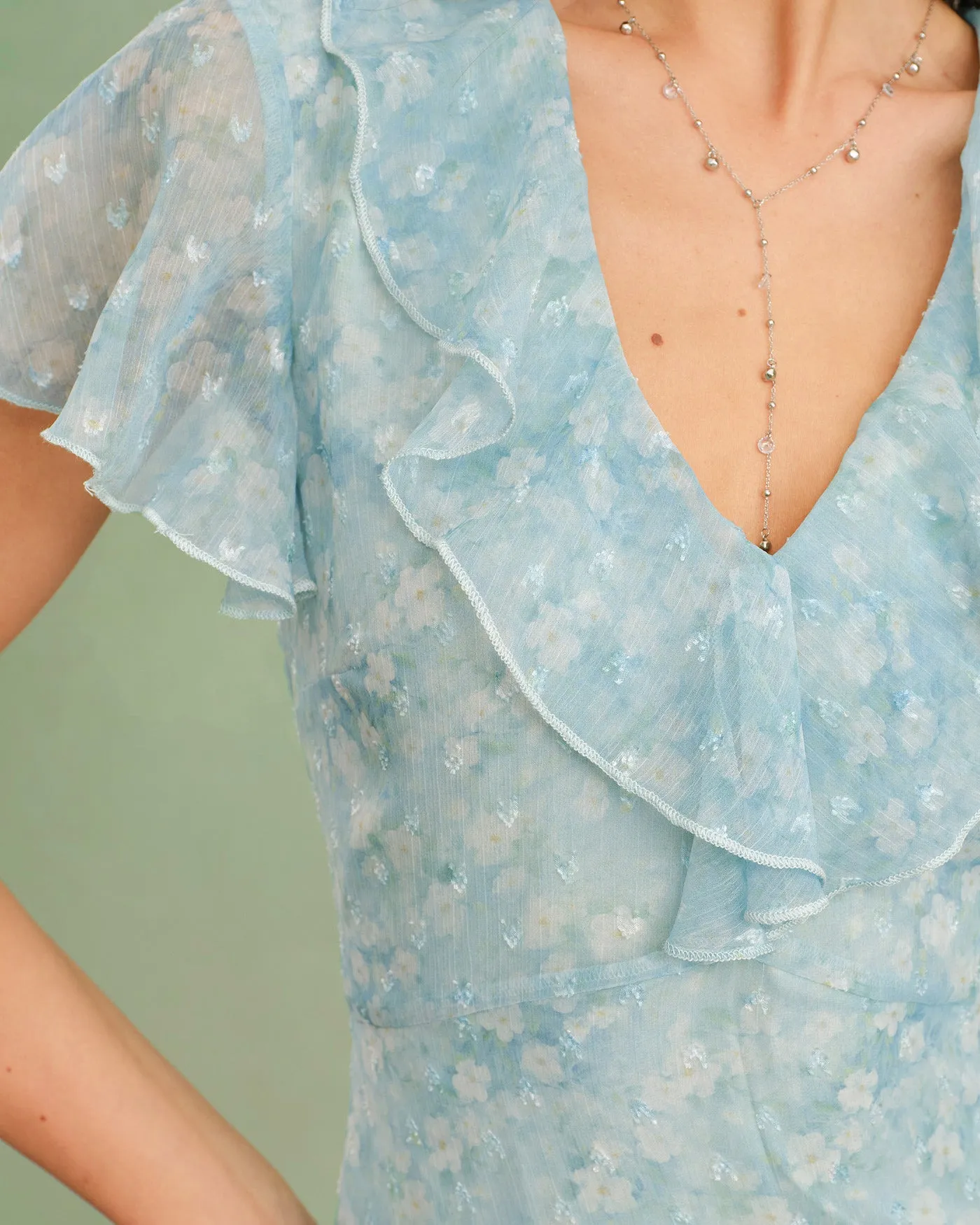 Blue V Neck Floral Ruffle Midi Dress sold by rihoas product image thumbnail 2