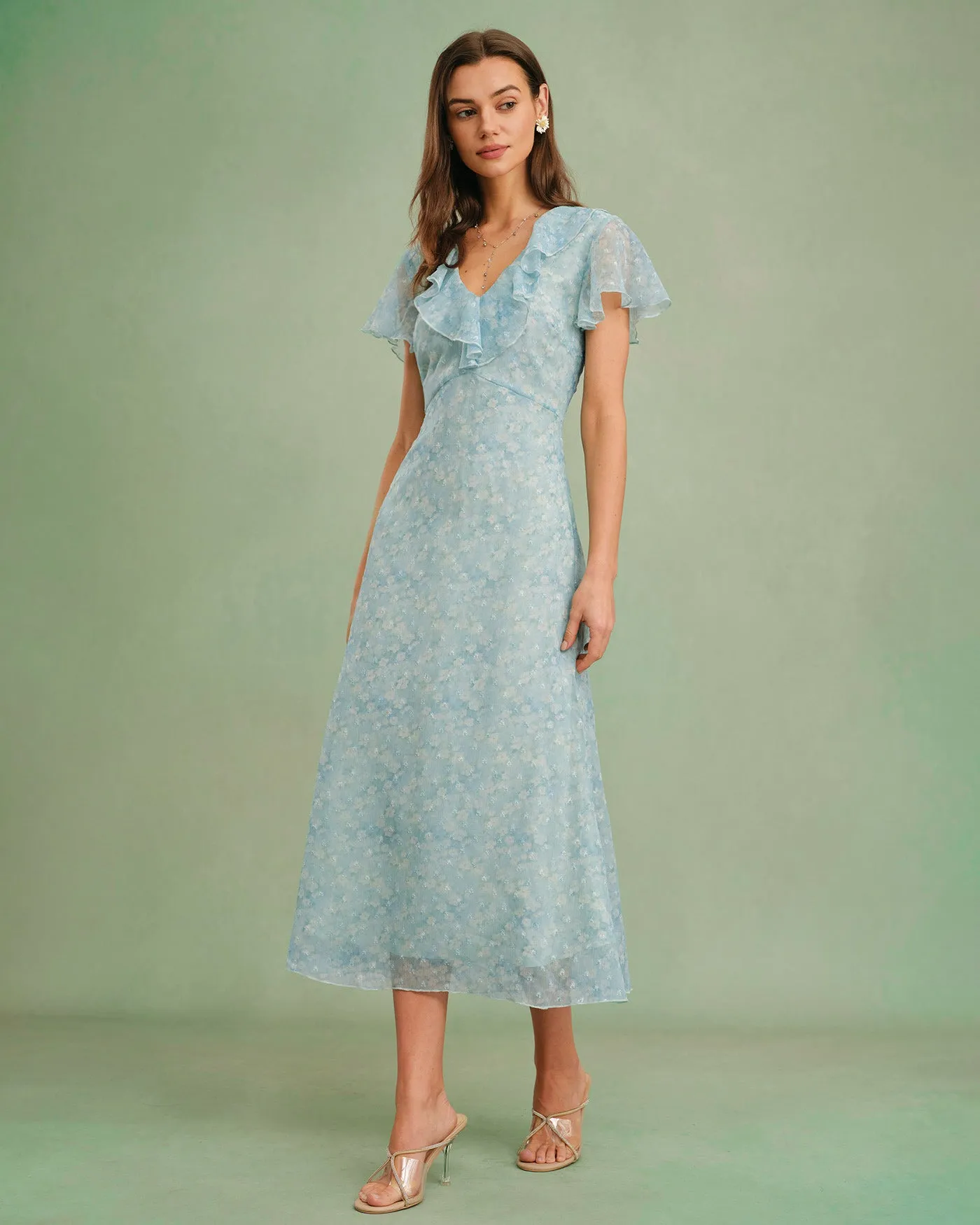 Blue V Neck Floral Ruffle Midi Dress sold by rihoas product image thumbnail 4