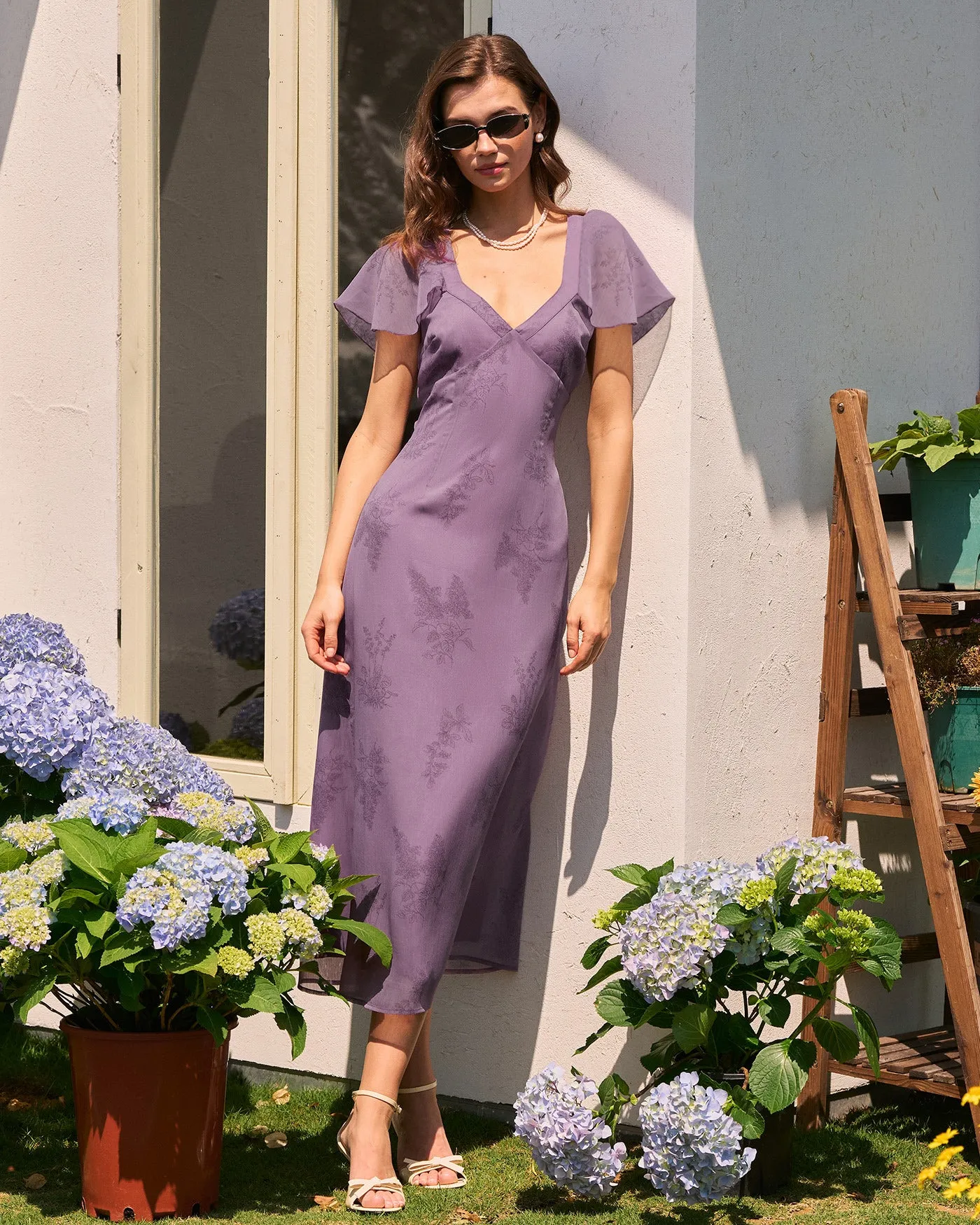 Purple V Neck Butterfly Sleeve Floral Midi Dress sold by rihoas