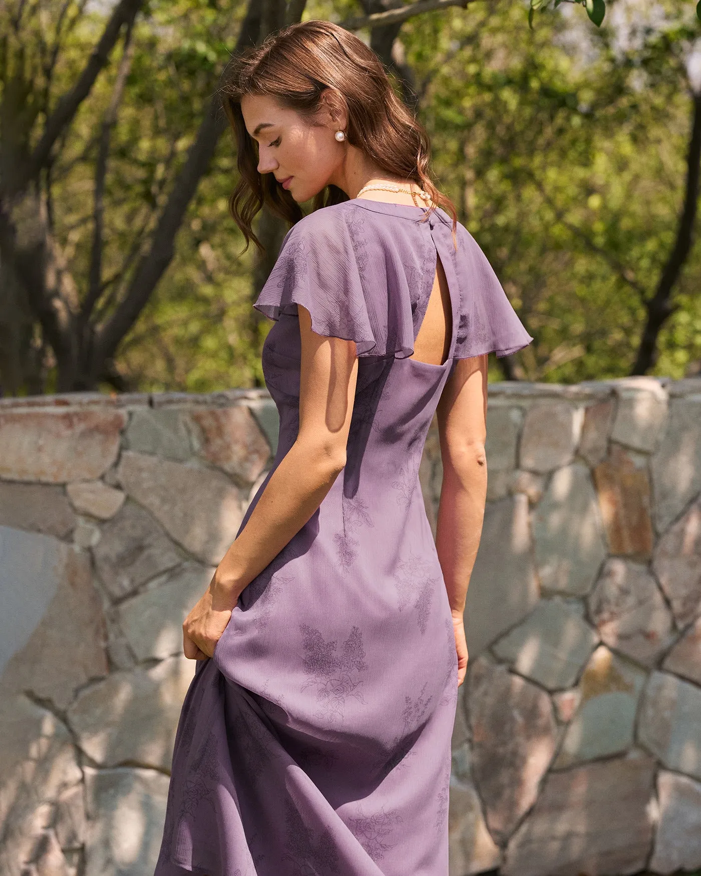 Purple V Neck Butterfly Sleeve Floral Midi Dress sold by rihoas product image thumbnail 5