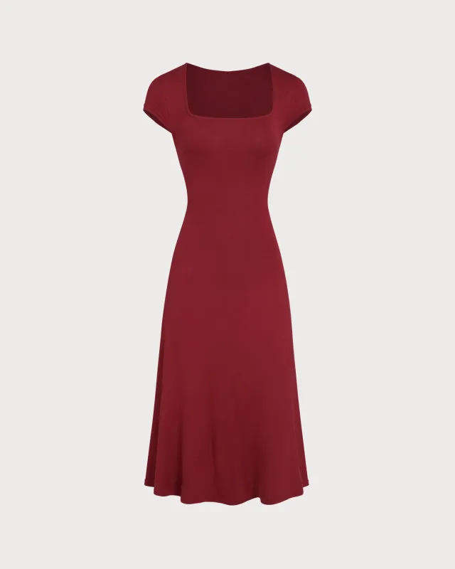 Red Solid Square Neck Midi Dress made by rihoas