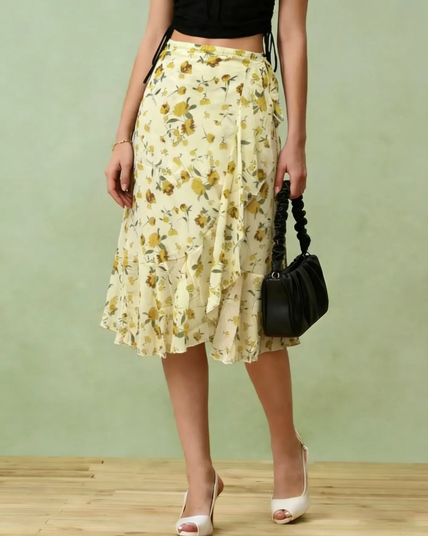 Light Yellow Floral Midi Skirt sold by rihoas