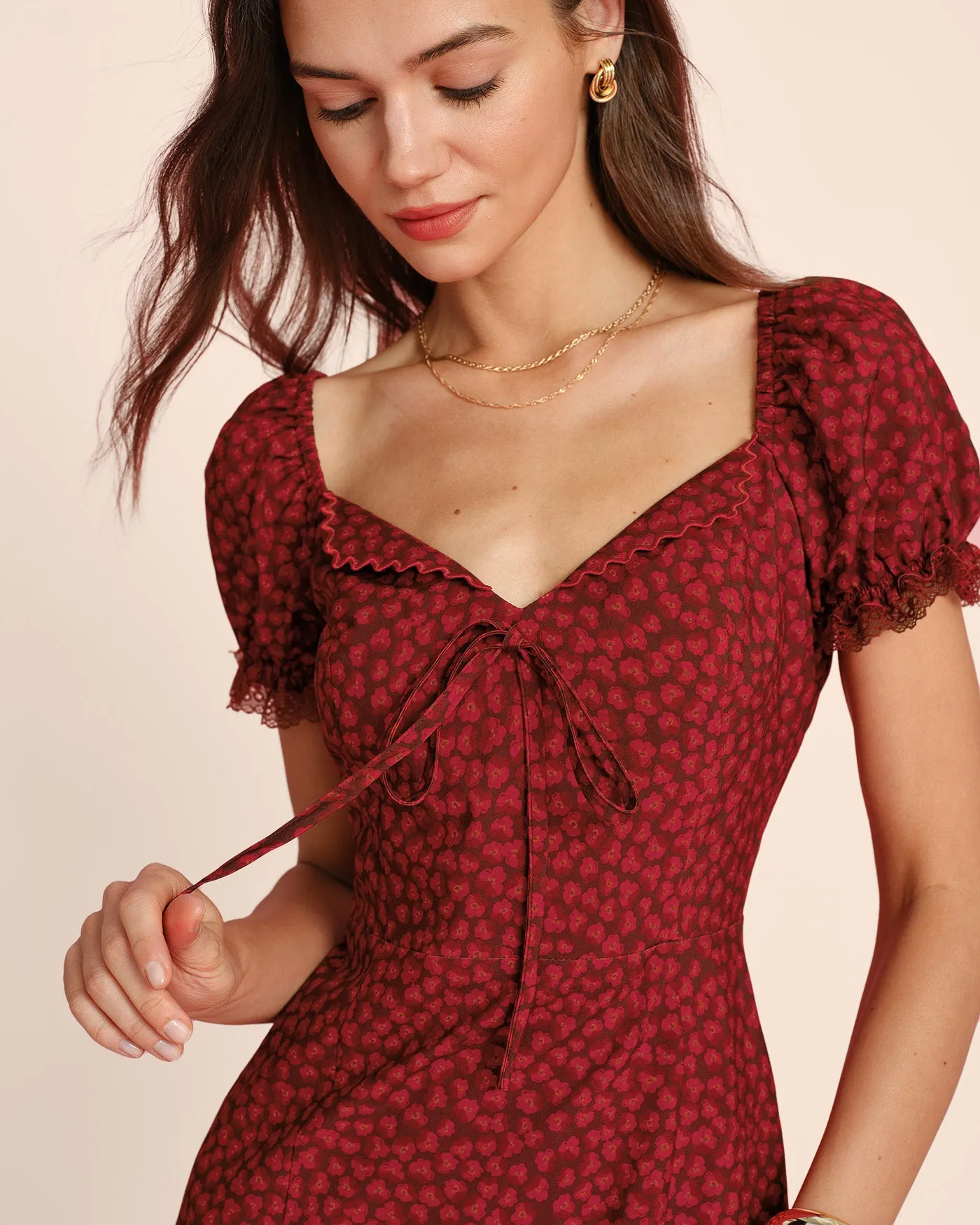 Red V Neck Lace Floral Midi Dress sold by rihoas product image thumbnail 2