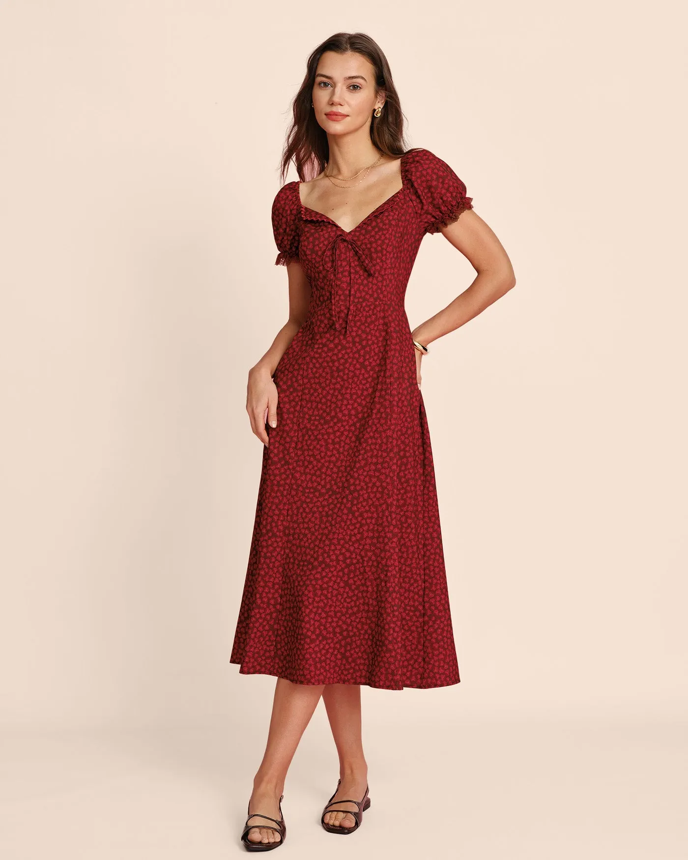 Red V Neck Lace Floral Midi Dress sold by rihoas product image thumbnail 4