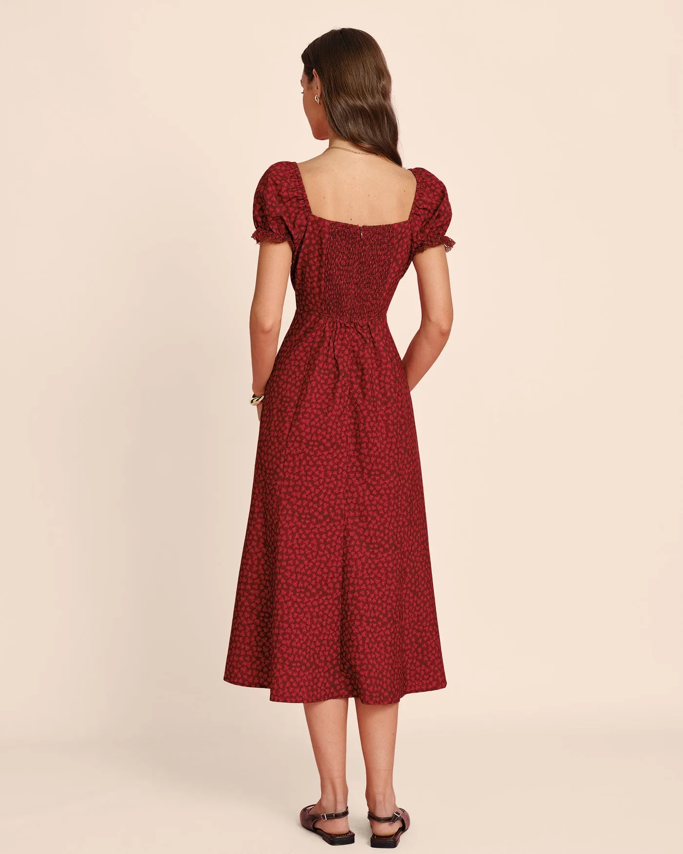 Red V Neck Lace Floral Midi Dress sold by rihoas product image thumbnail 5