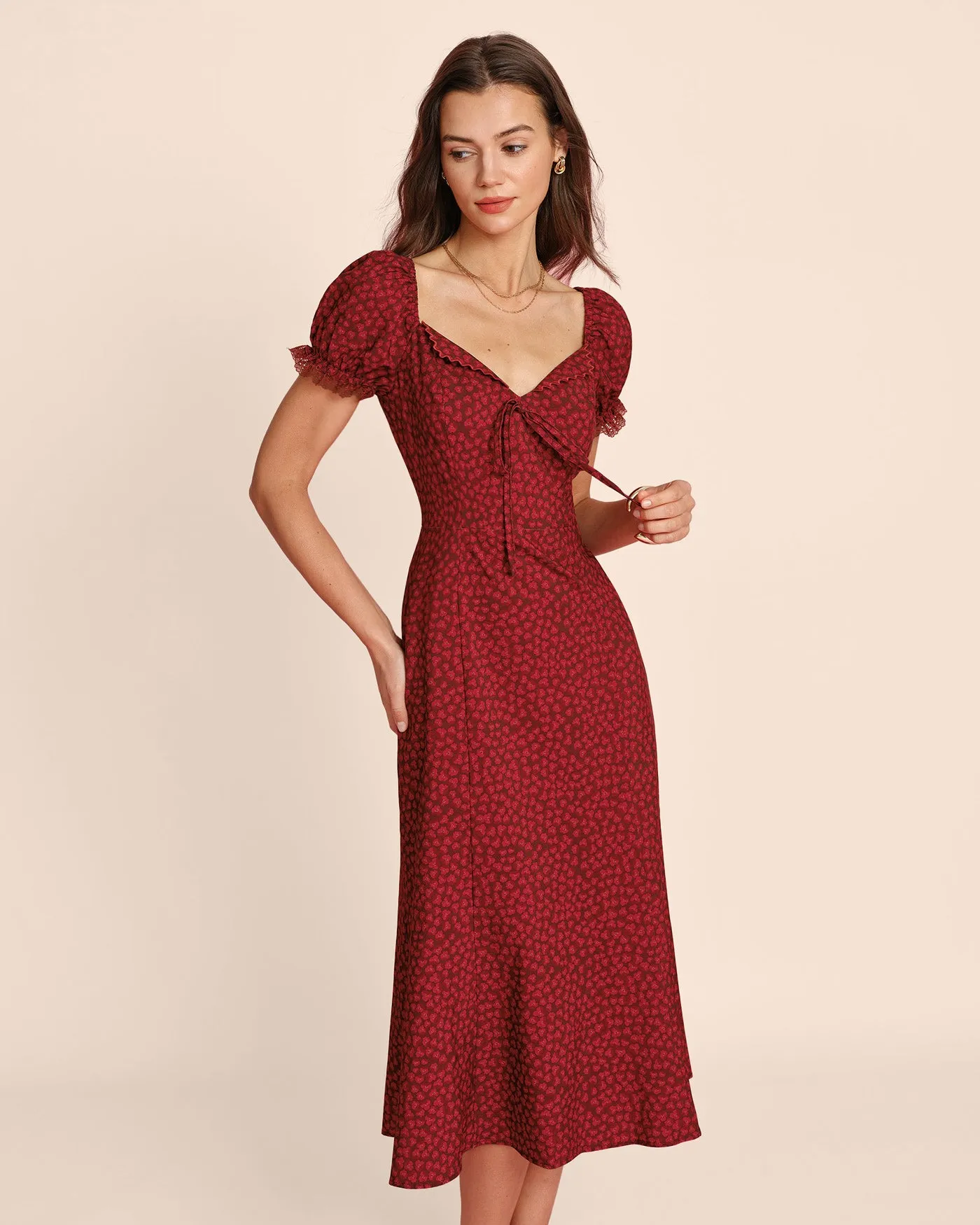 Red V Neck Lace Floral Midi Dress sold by rihoas product image thumbnail 3