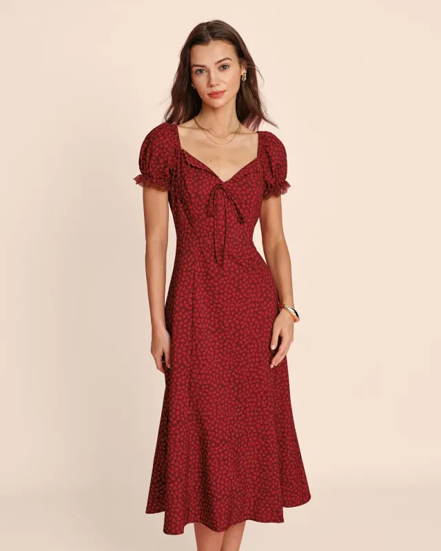 Red V Neck Lace Floral Midi Dress made by rihoas