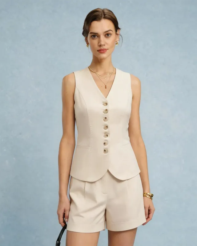 Apricot V Neck Button Two-Piece Set made by rihoas