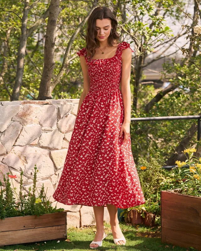 Red Square Neck Floral Midi Dress made by rihoas