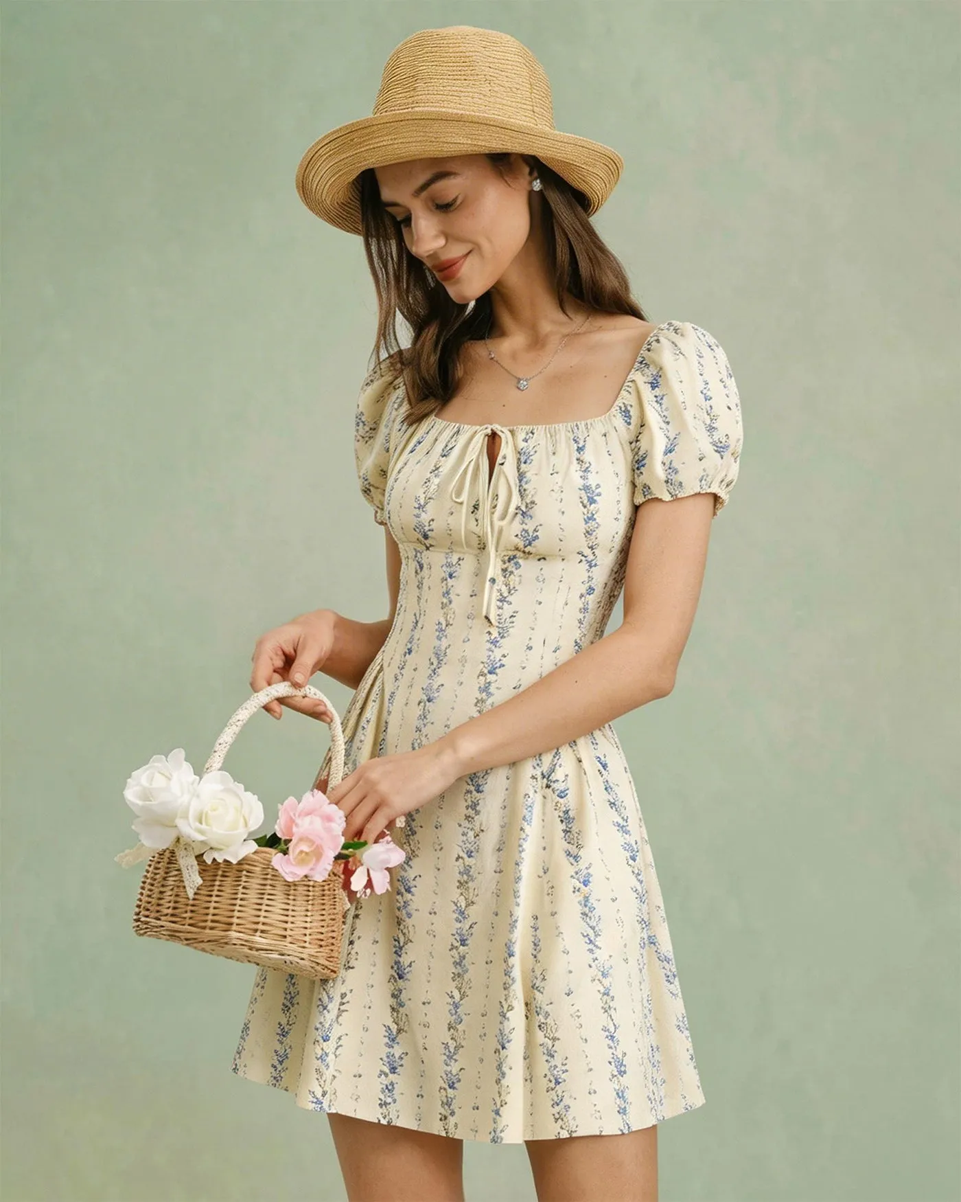 Apricot Square Neck Floral Mini Dress sold by rihoas product image thumbnail 2