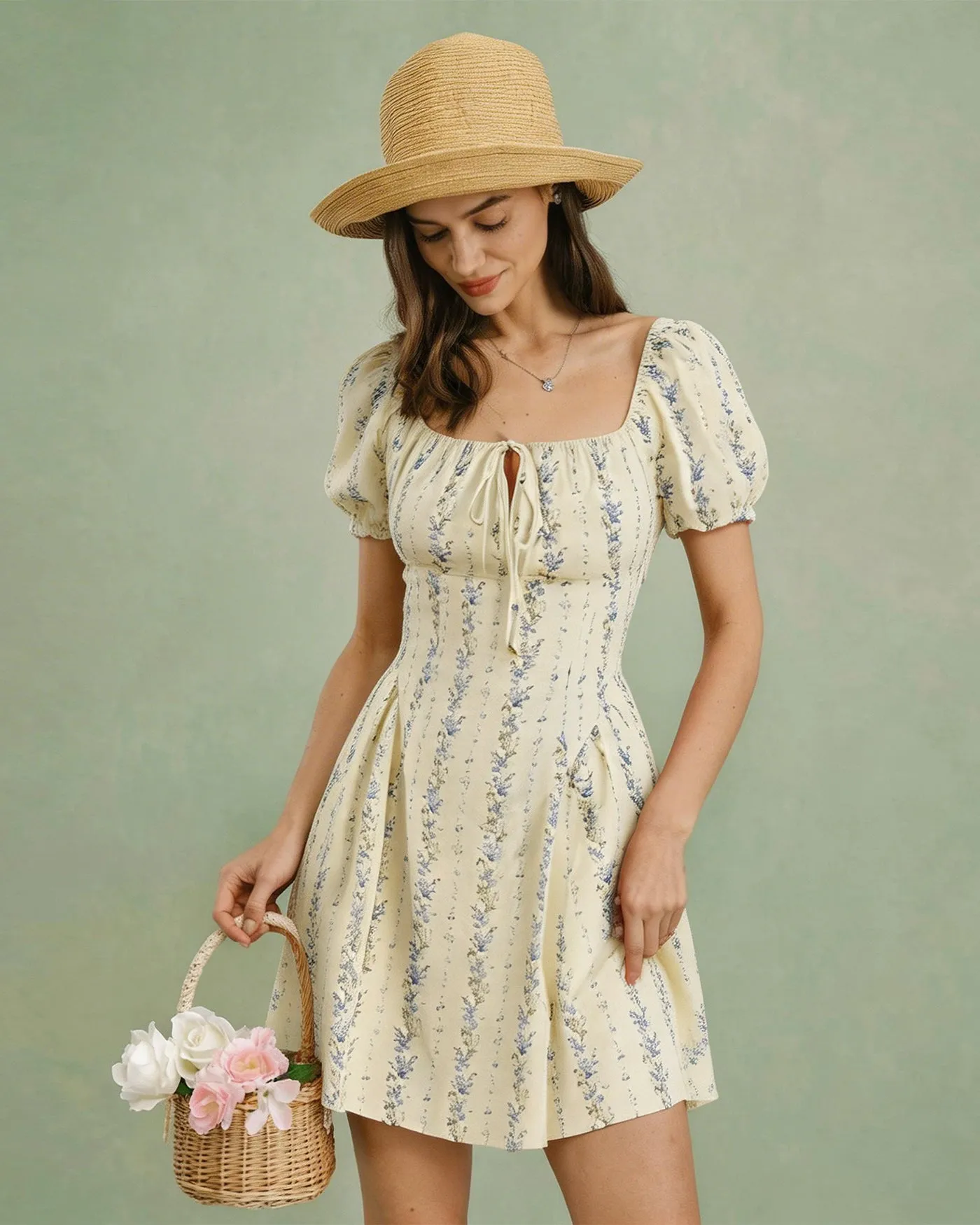 Apricot Square Neck Floral Mini Dress sold by rihoas