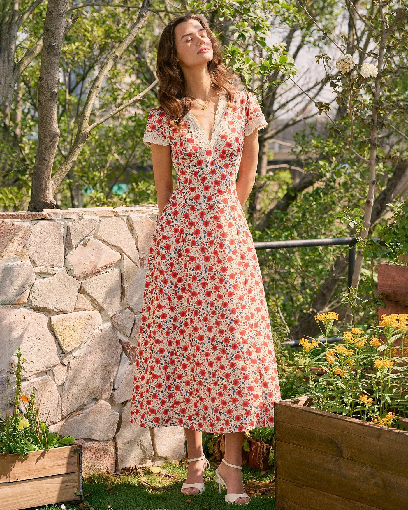 Red V Neck Lace Floral Maxi Dress sold by rihoas product image thumbnail 5