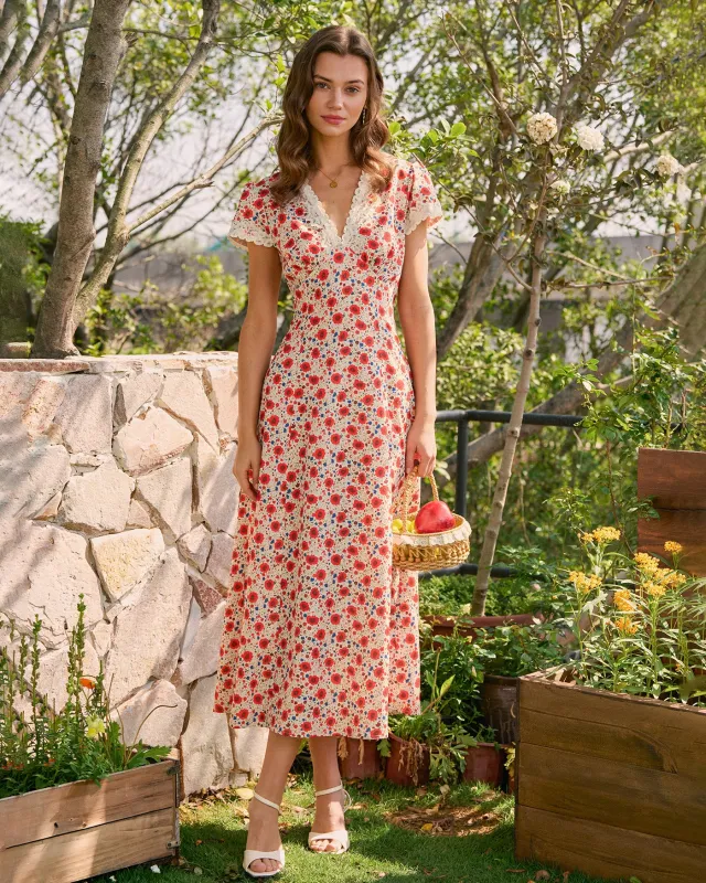 Red V Neck Lace Floral Maxi Dress made by rihoas