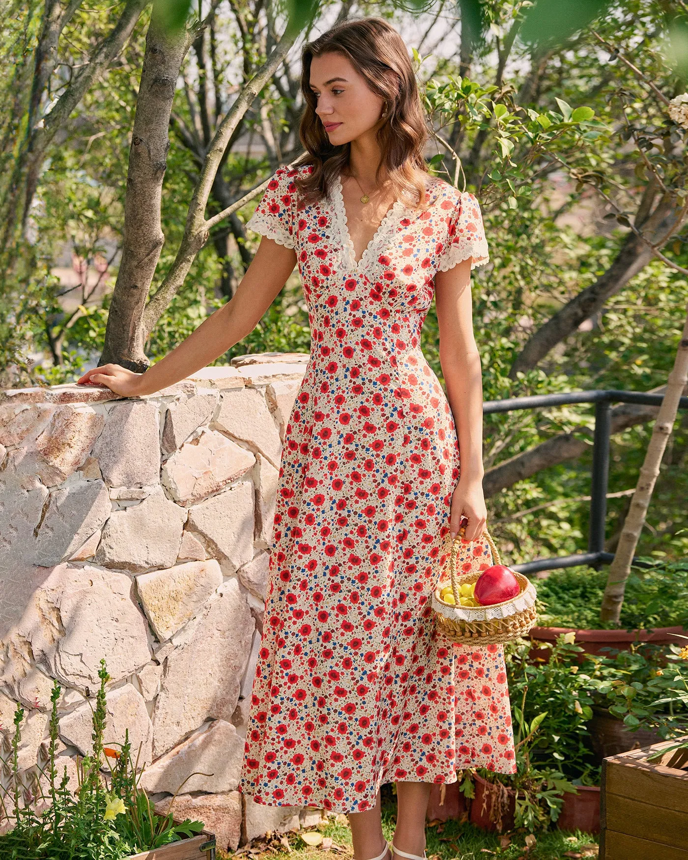Red V Neck Lace Floral Maxi Dress sold by rihoas product image thumbnail 3