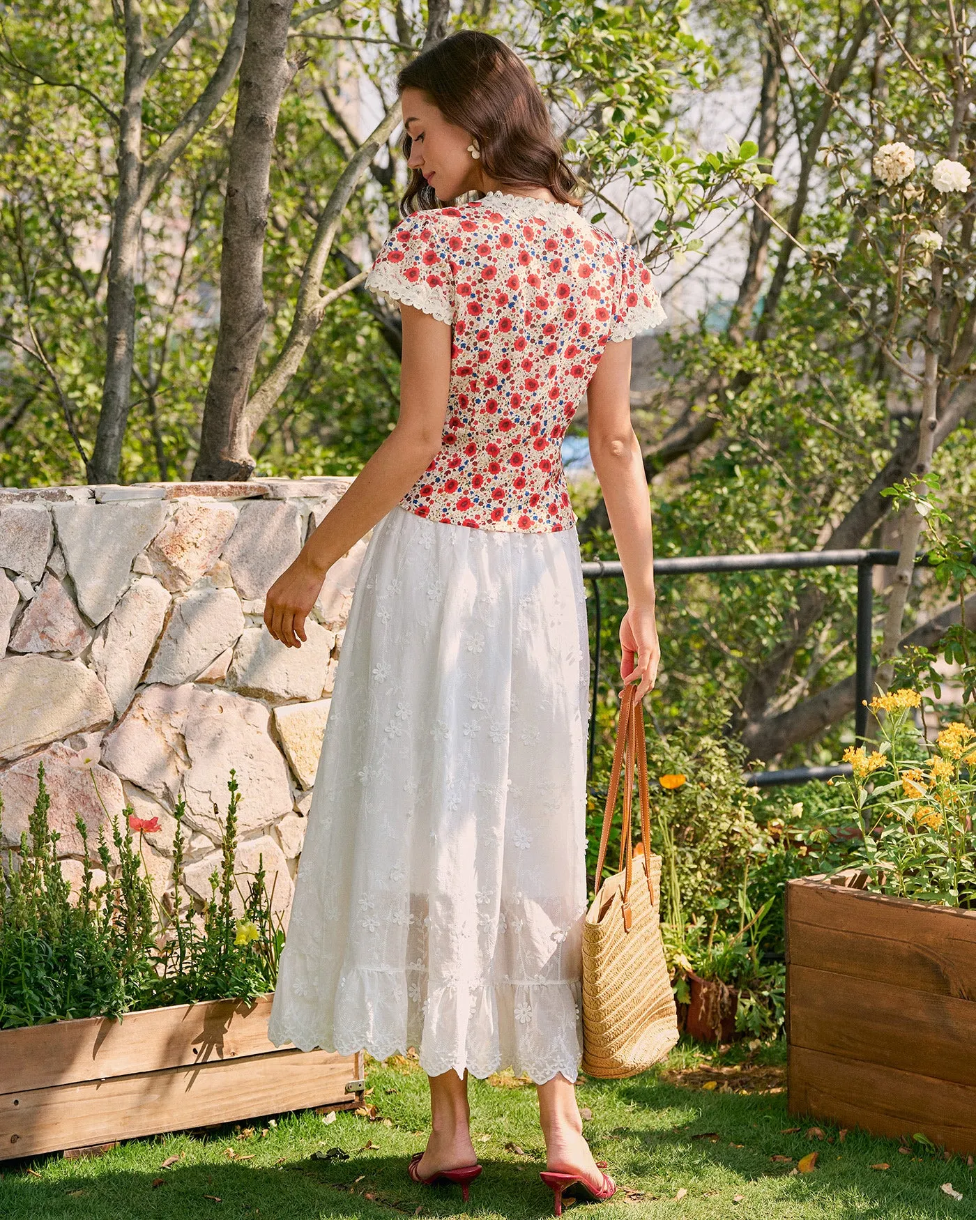 Red V Neck Lace Floral Tee sold by rihoas product image thumbnail 5