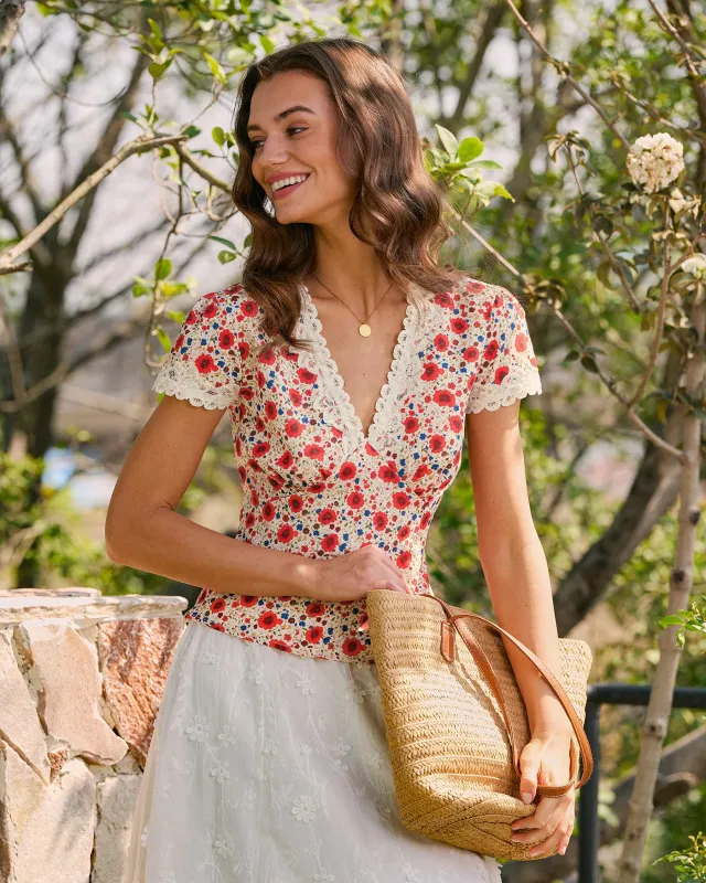 Red V Neck Lace Floral Tee made by rihoas