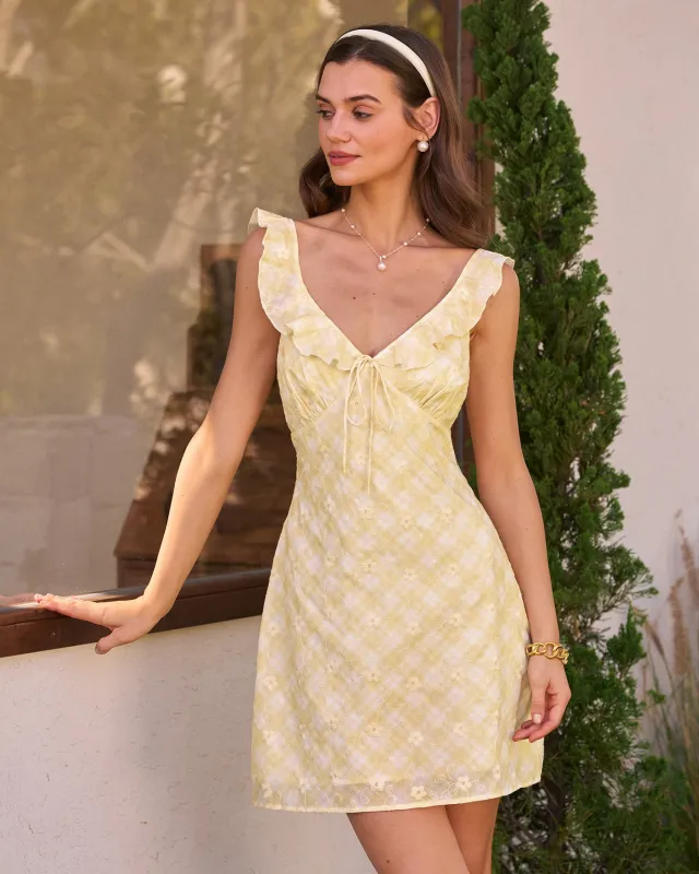 Yellow Plaid Ruffle Sleeveless Mini Dress made by rihoas