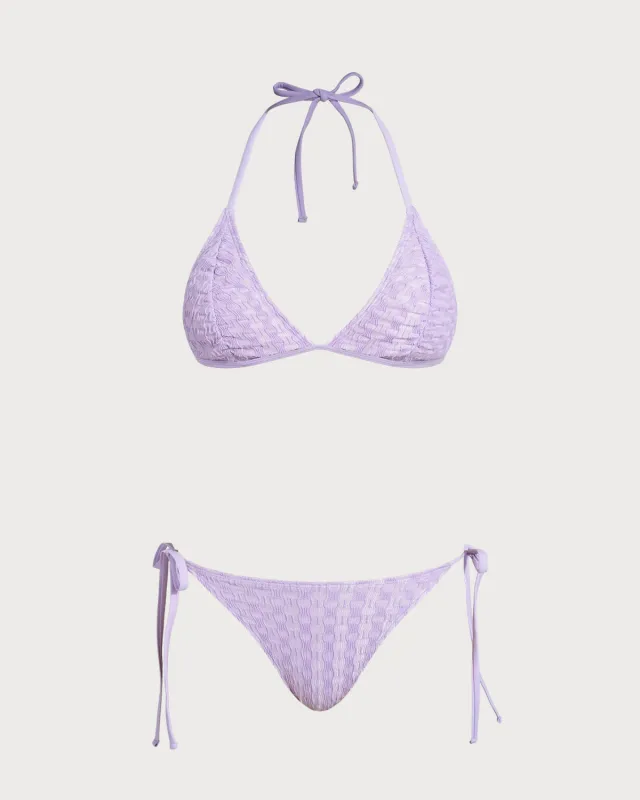Purple Textured Halter Drawstring Bikini Set made by rihoas