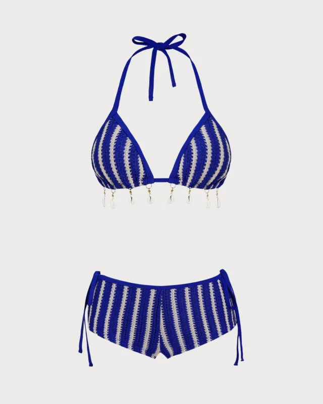 Blue Contrasting Halter Triangle Bikini Set made by rihoas