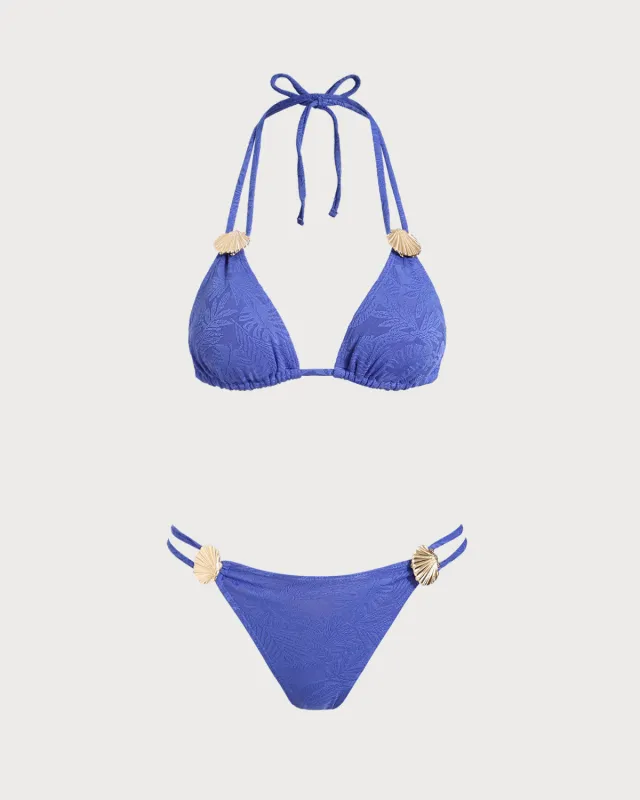 Blue Textured Halter Triangle Bikini Set made by rihoas