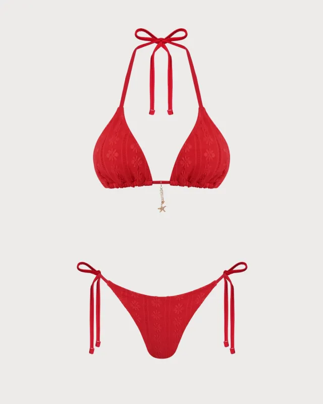 Red Jacquard Halter Drawstring Bikini Set made by rihoas