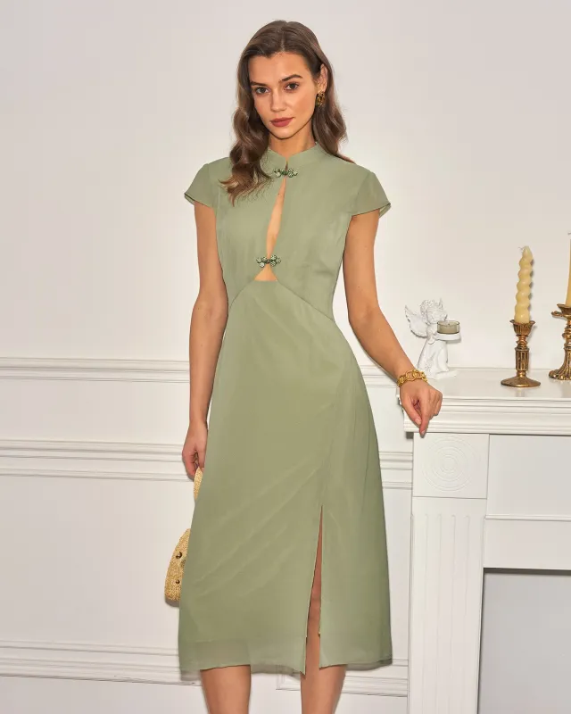 Green Mandarin Collar Chiffon Midi Dress made by rihoas