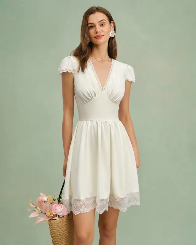 Apricot V Neck Lace Splicing Mini Dress made by rihoas