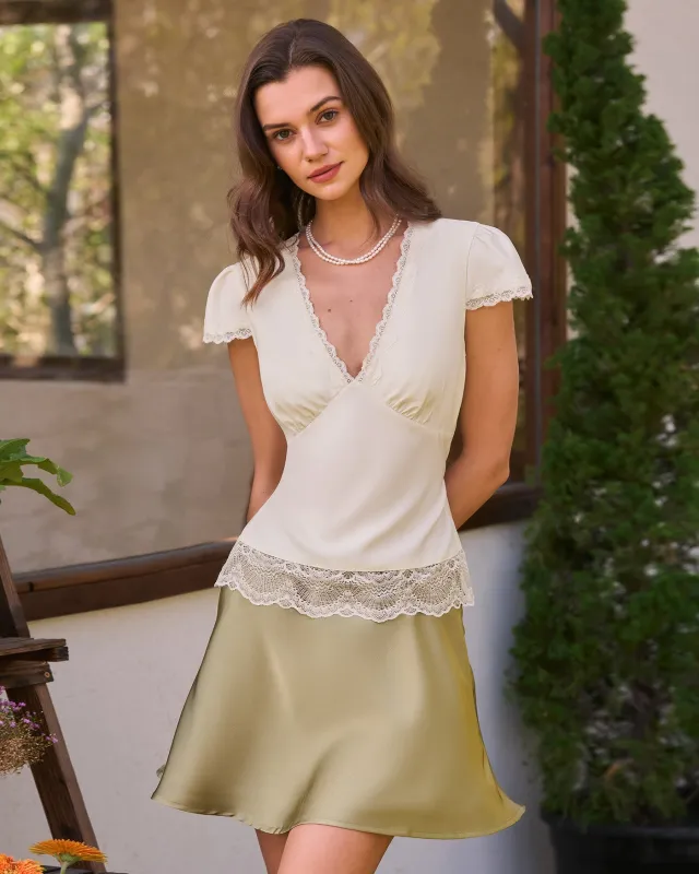 Apricot V Neck Lace Splicing Tee made by rihoas