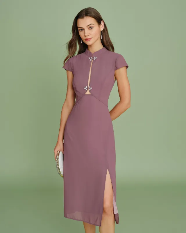 Purple Mandarin Collar Chiffon Midi Dress made by rihoas