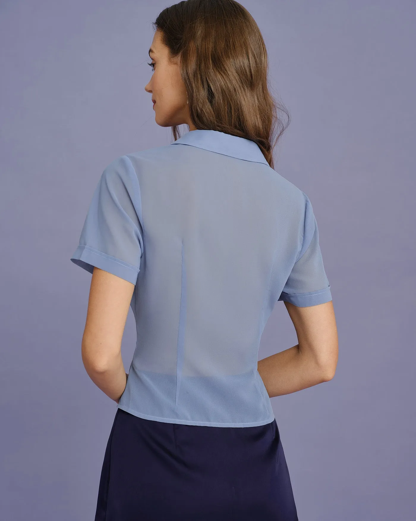 Blue Collar Button Chiffon Blouse sold by rihoas product image thumbnail 4