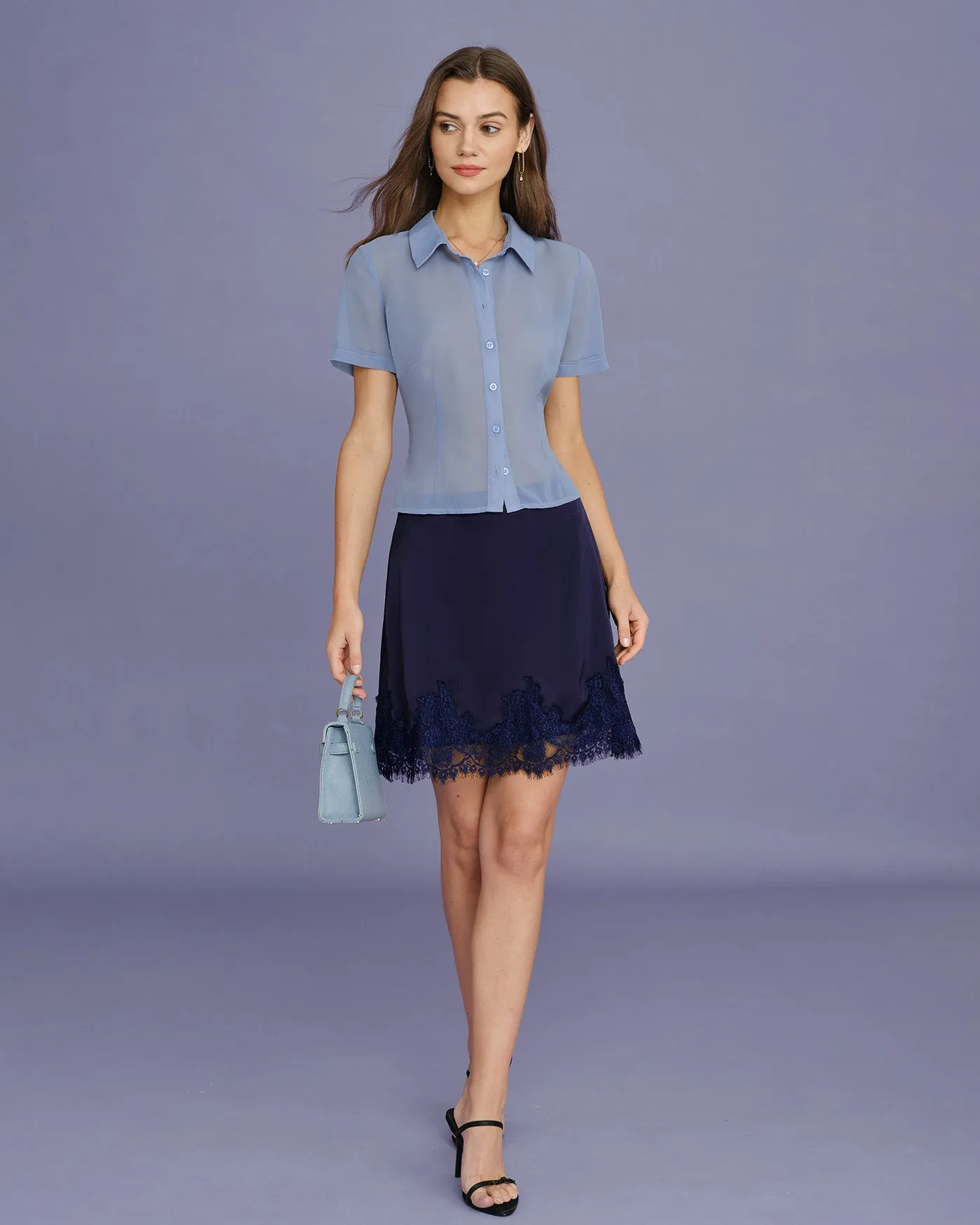 Blue Collar Button Chiffon Blouse sold by rihoas product image thumbnail 5
