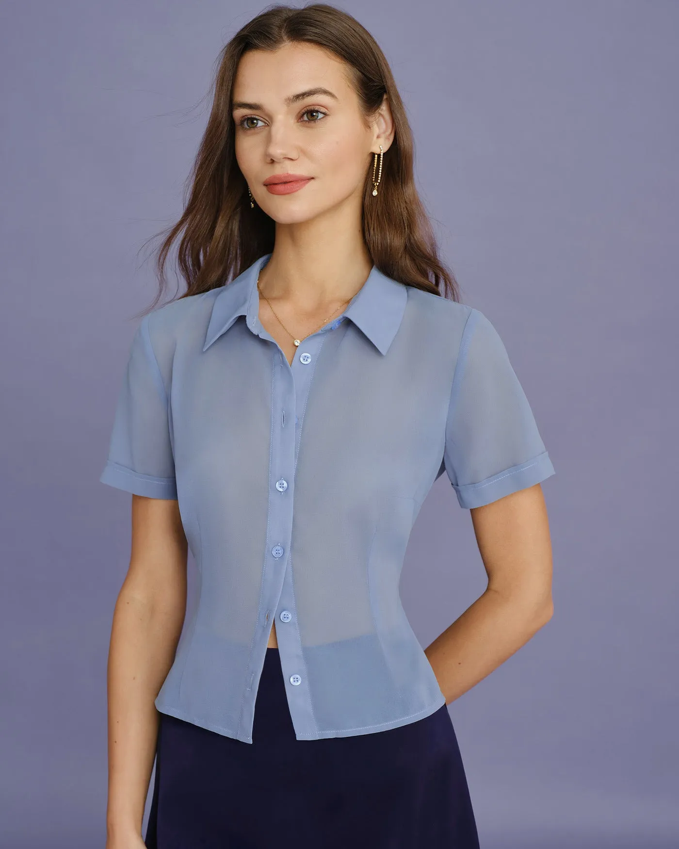 Blue Collar Button Chiffon Blouse sold by rihoas product image thumbnail 2