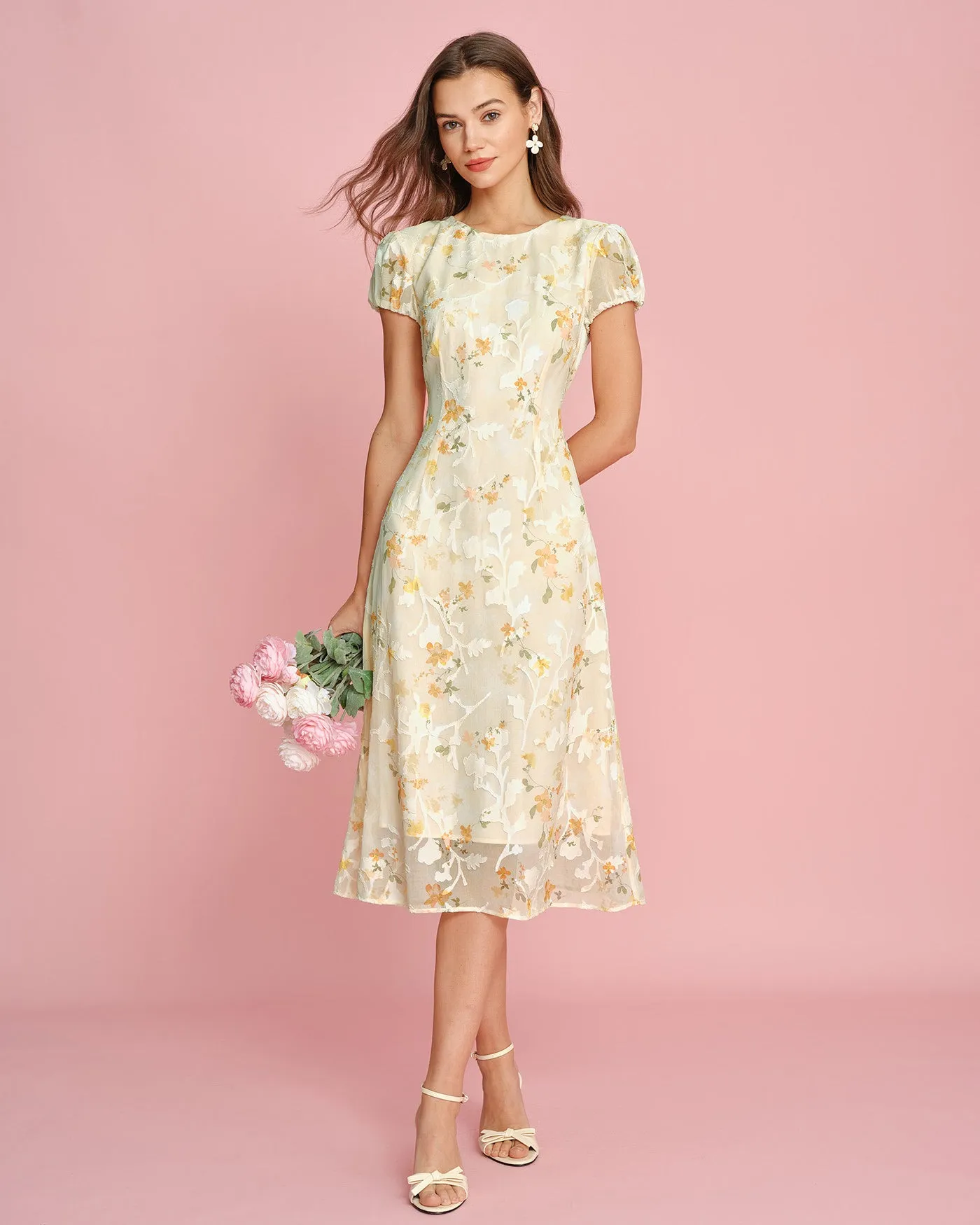 Yellow Puffed Sleeve Jacquard Midi Dress sold by rihoas