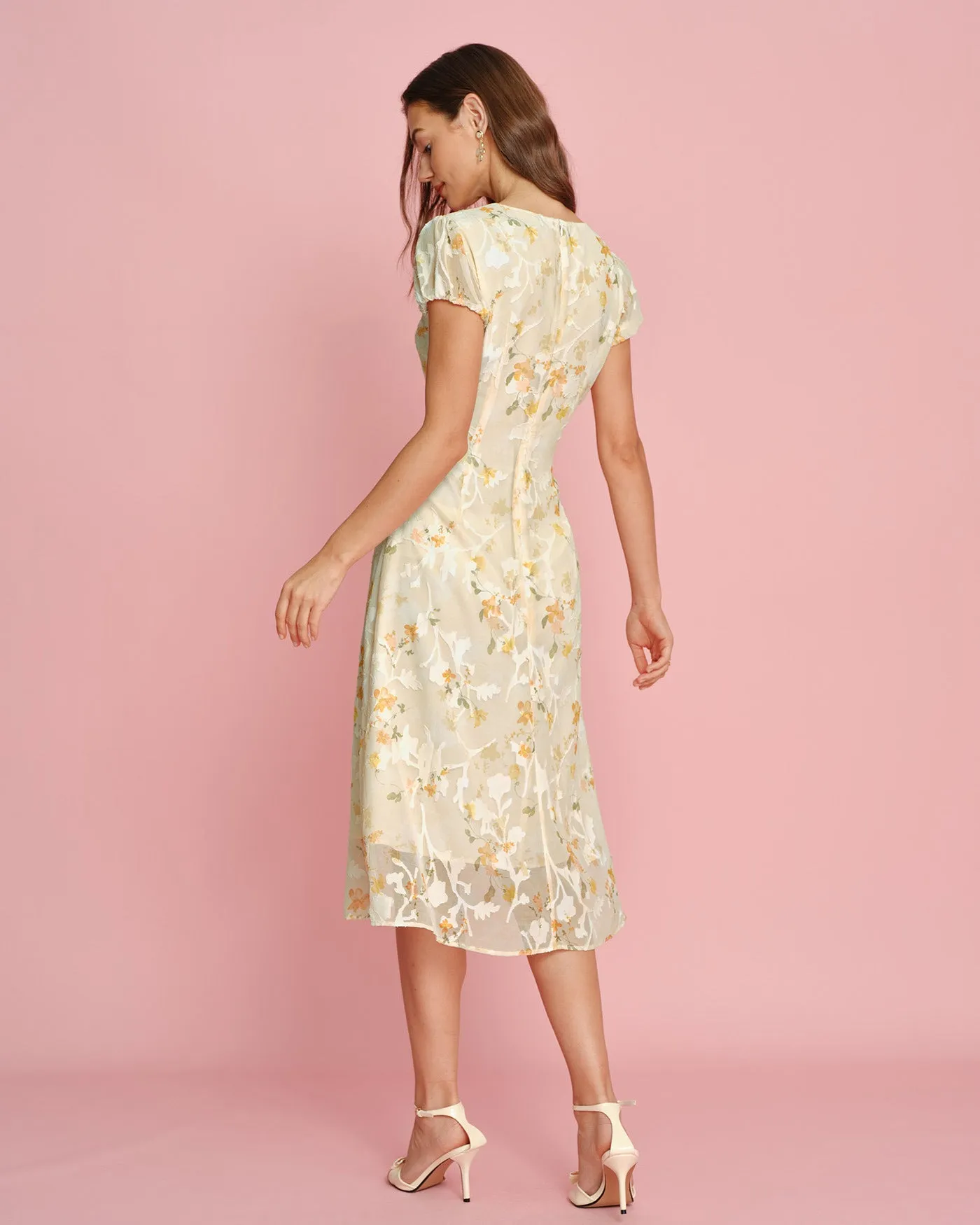 Yellow Puffed Sleeve Jacquard Midi Dress sold by rihoas product image thumbnail 4