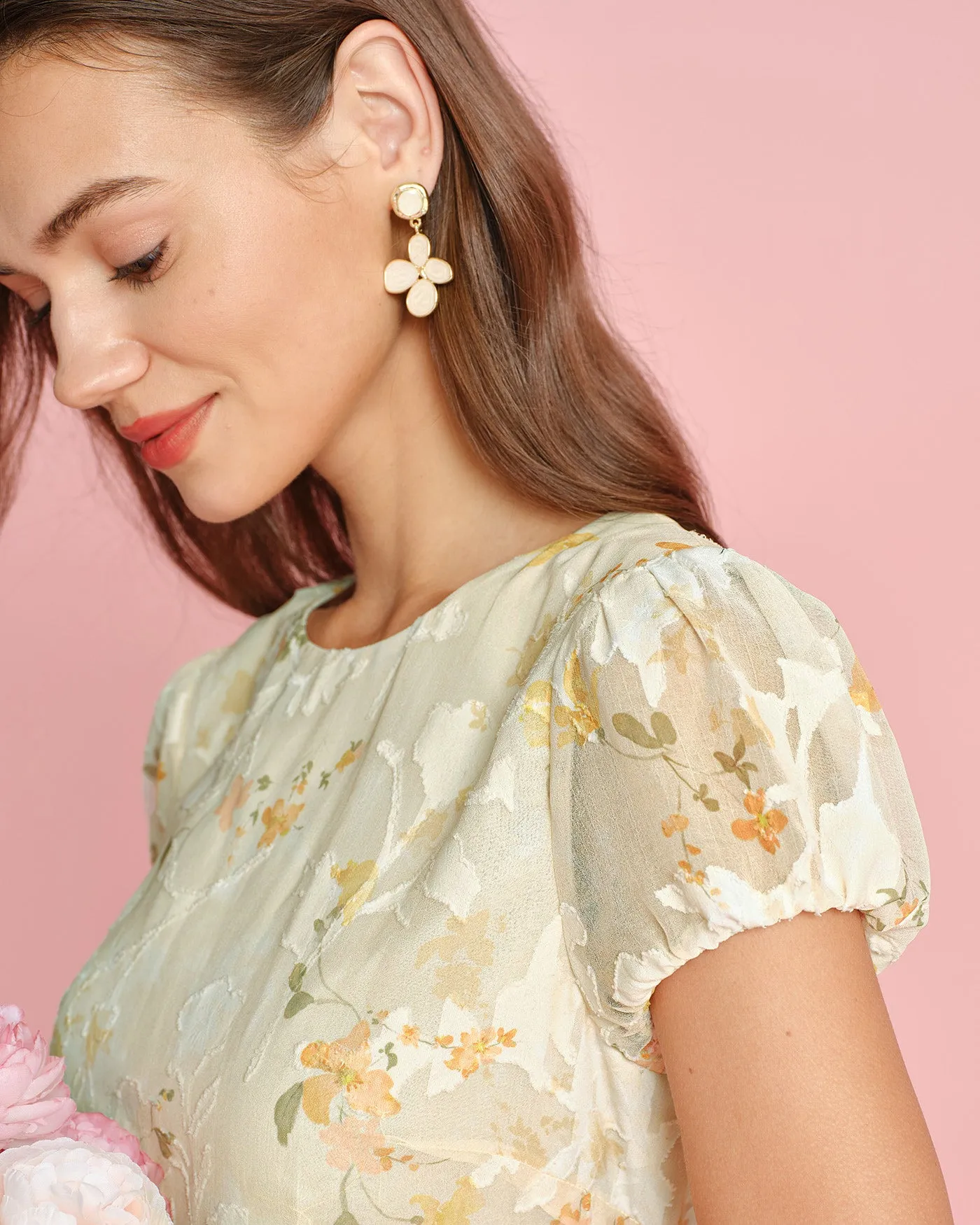 Yellow Puffed Sleeve Jacquard Midi Dress sold by rihoas product image thumbnail 3