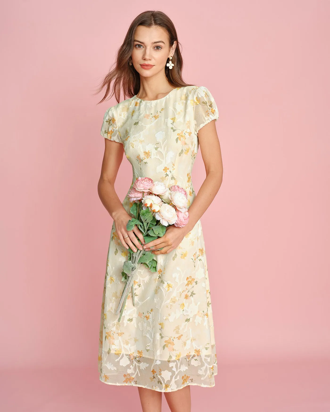 Yellow Puffed Sleeve Jacquard Midi Dress sold by rihoas product image thumbnail 2
