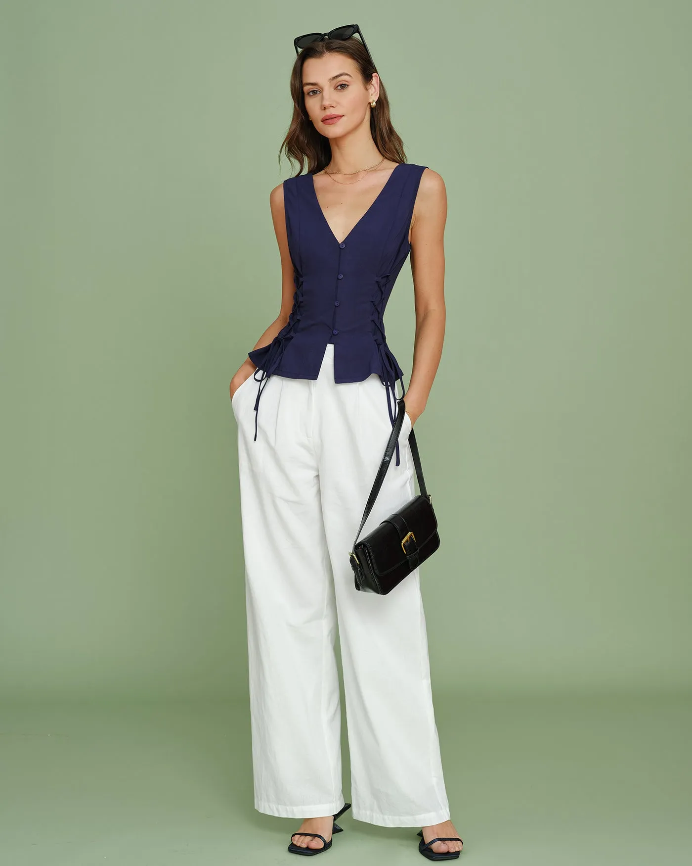 Navy V Neck Single Breasted Tie Vest sold by rihoas product image thumbnail 5