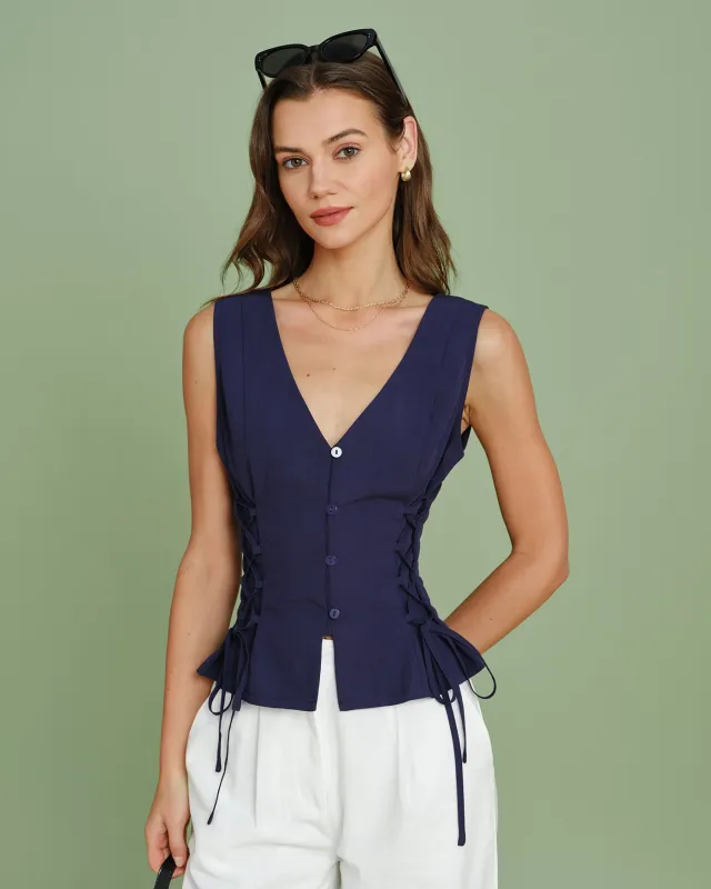 Navy V Neck Single Breasted Tie Vest made by rihoas