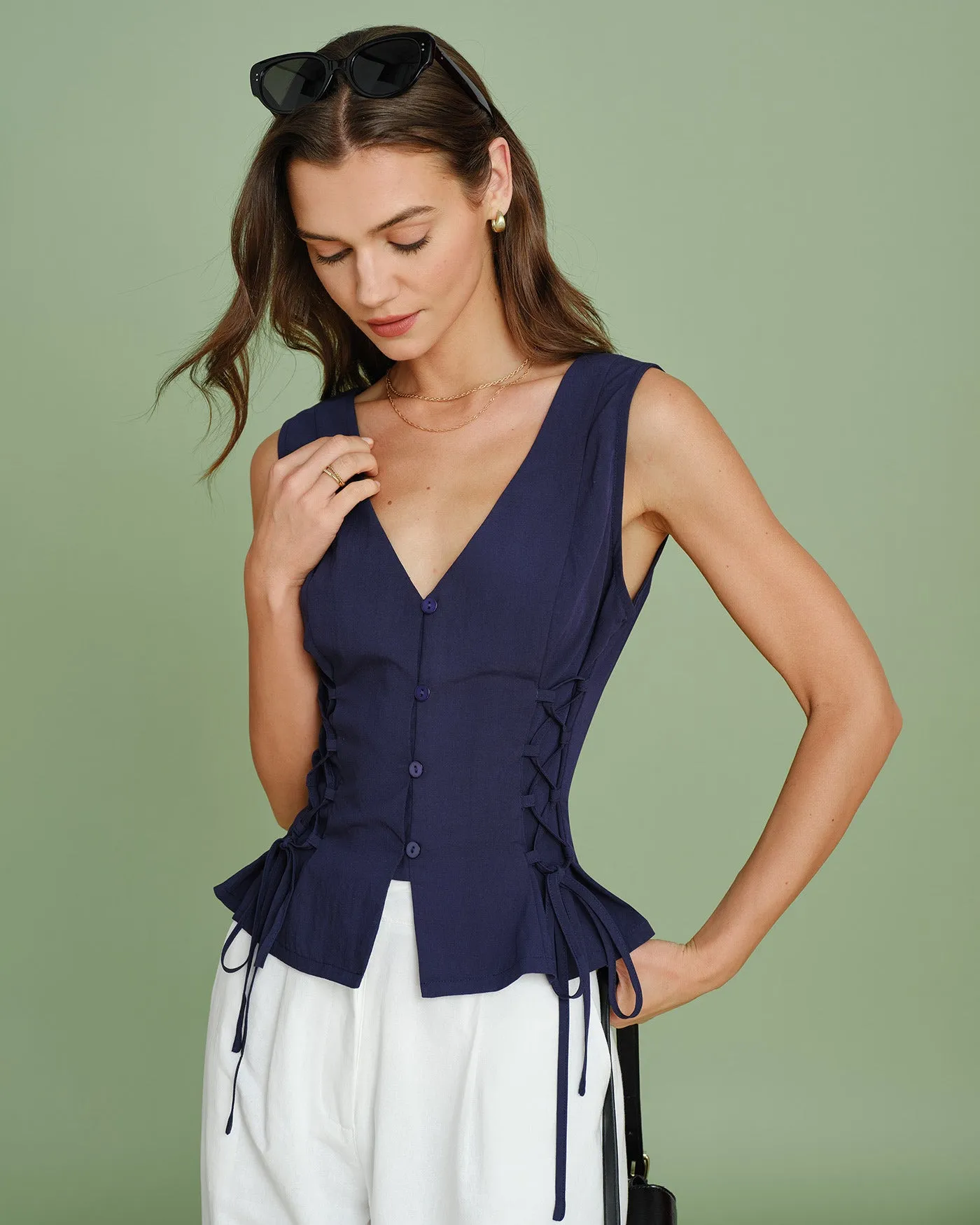 Navy V Neck Single Breasted Tie Vest sold by rihoas product image thumbnail 3