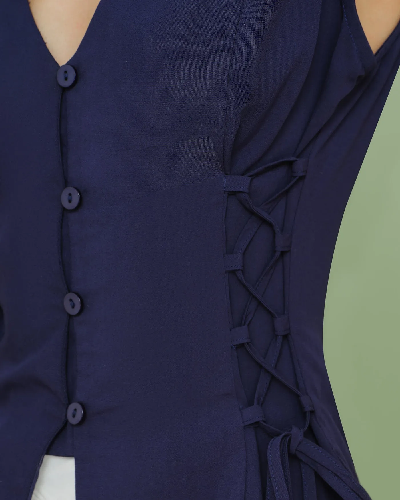 Navy V Neck Single Breasted Tie Vest sold by rihoas product image thumbnail 2