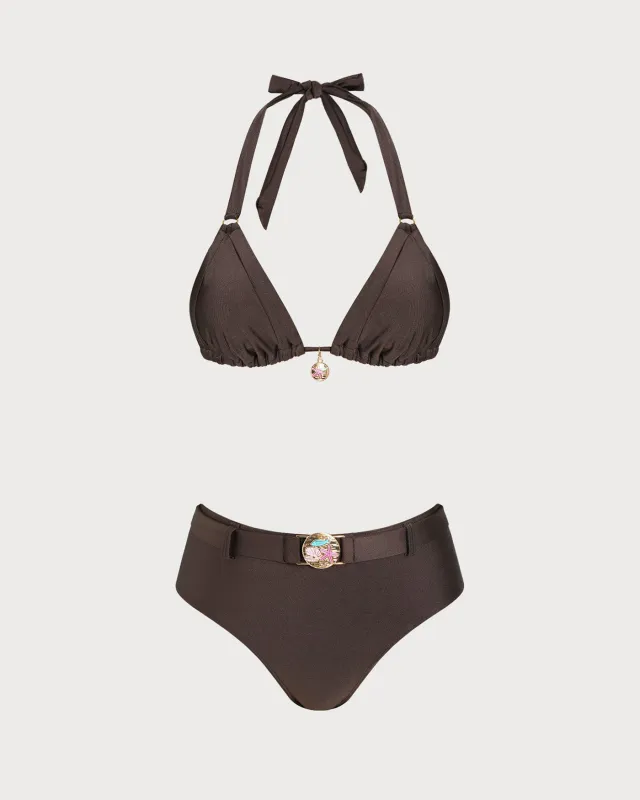 Brown Halter O-Ring Triangle Bikini Set made by rihoas