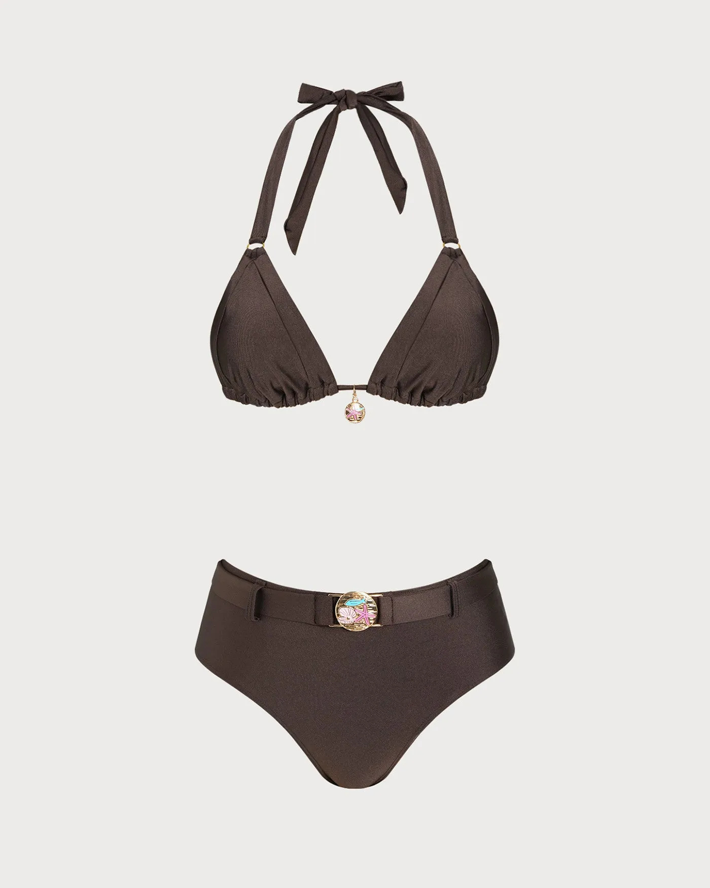 Brown Halter O-Ring Triangle Bikini Set sold by rihoas