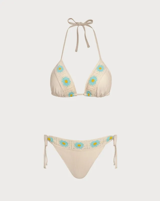 Khaki Halter Contrasting Triangle Bikini Set made by rihoas