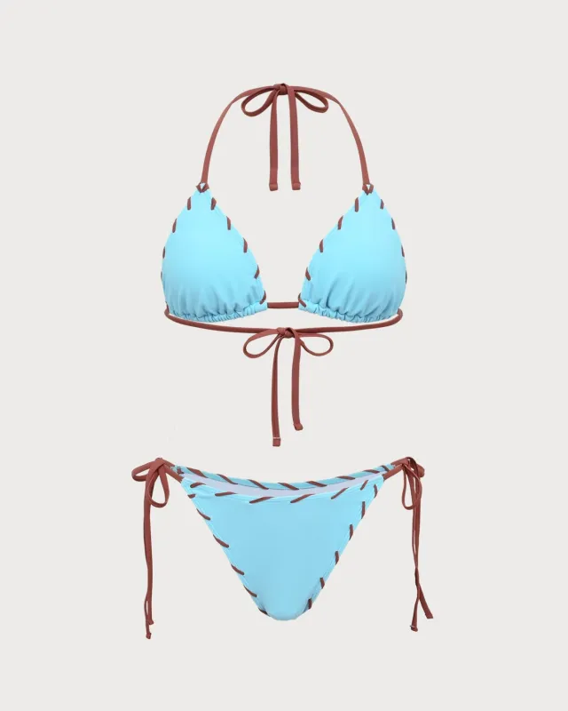 Blue Contrasting Triangle Drawstring Bikini Set made by rihoas