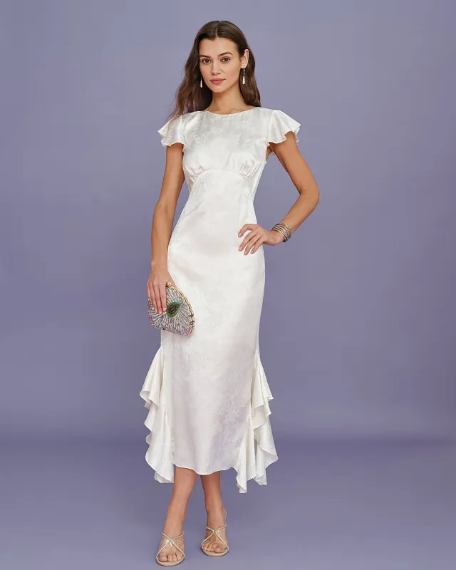 Beige Boat Neck Jacquard Ruffle Midi Dress made by rihoas