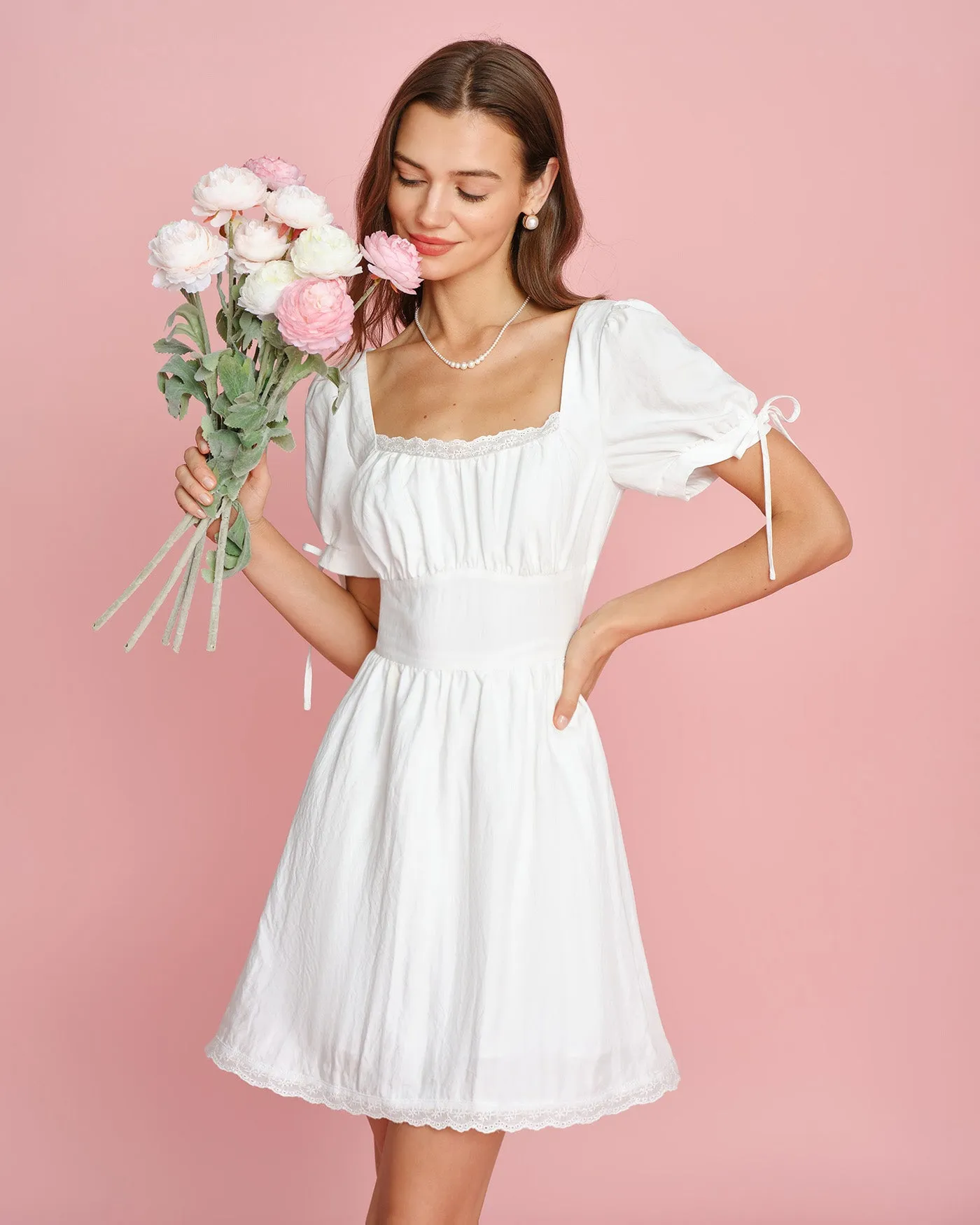 White Square Neck Lace Mini Dress sold by rihoas